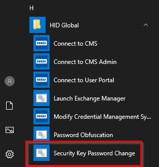 HID Global Security Key Password Change menu item outlined in red